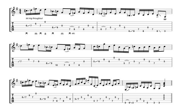 Try practising the initial two-bar phrase or even the first five notes, to get a hang of utilising the open strings in between fretted chord shapes. Aim for a 'let ring' sound throughout, so you should let each note blend into the next until you have to shift into a new position.